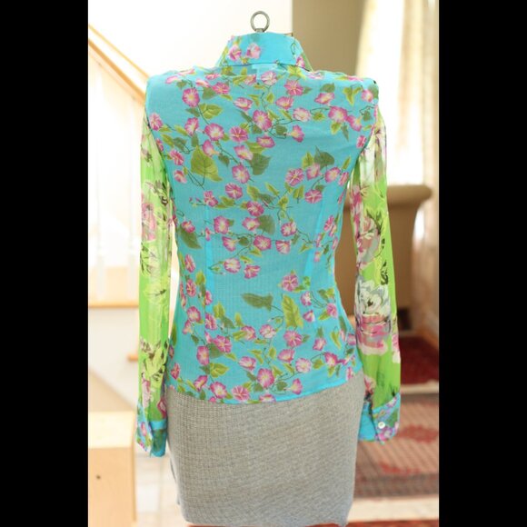 DOLCE & GABBANA Sheer Bright Green, Pink, Blue Floral Long Sleeve Silk Shirt - Picture 3 of 5